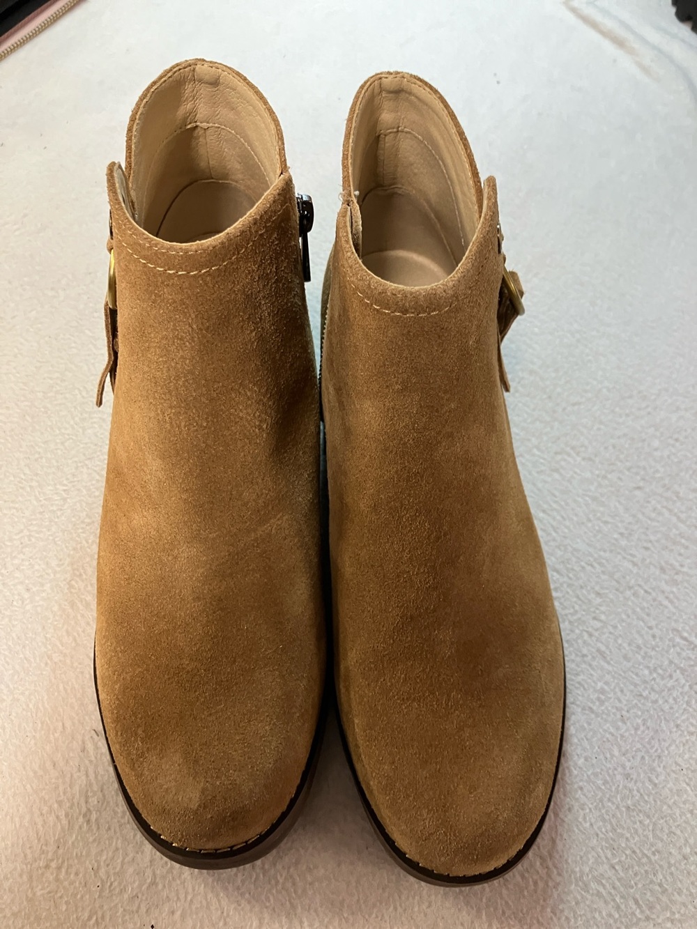 Women’s Suede Ankle Booties with Side Buckle in Tan